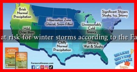 What areas are at risk for winter storms according to the Farmers Almanac